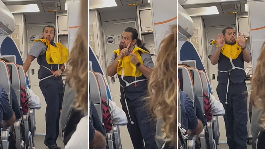 Flight attendant's hilarious 'mime routine' during safety demonstration captivates world